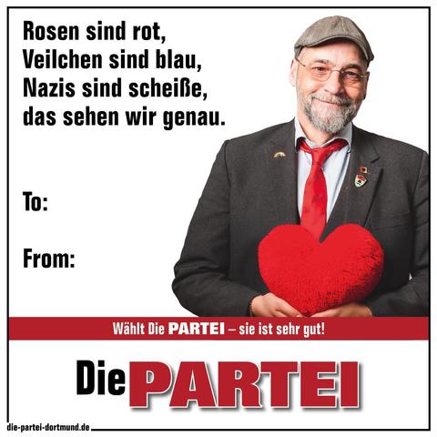 Ein Sharepic mit mir und einem großen roten Herz. Nebenstehend der Text: Rosen sind rot, Veilchen sind blau, Naszis sind scheiße, das sehen wir genau. To: ; From:.