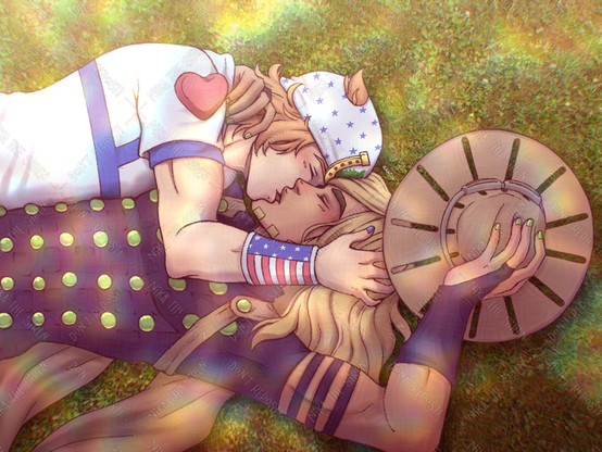 Johnny Joestar and Gyro Zeppeli from Jojo's Bizarre Adventure: Steel Ball Run, both lying on the grass while kissing each other.