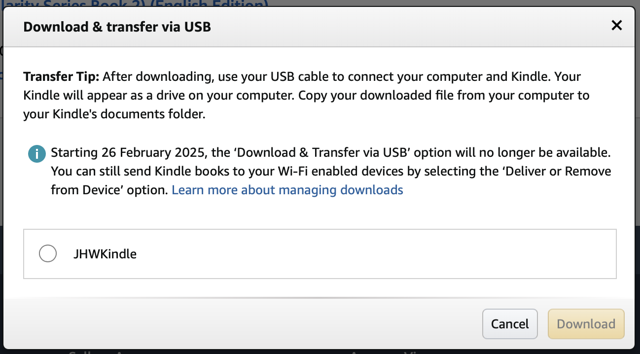 Screenshot of the Amazon announcement that Transfer to USB will be discontinued on Feb 26 2025.