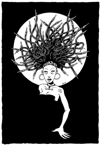 Les cheveux d'une fille se dressent et se transforment en câbles de guitares électriques. Telle une gorgone Rock and Roll.