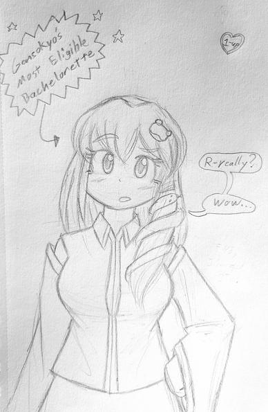Pencil sketch of Sanae Kochiya, a girl in shrine maiden clothes with a snake and frog ornament in her long hair. She is looking at the viewer quizzically with a hand on her hip. An arrow points to her that says "Gensokyo's most eligible bachelorette", to which she says "R-really? Wow..."