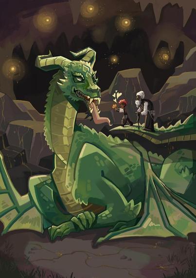 Drawing of a delighted child and an old man walking on a dragon's raised tail toward its outstretched tongue, so the child can feed their enormous, horned pet.