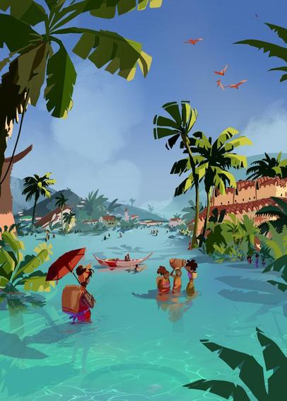Digital art of a tranquil tropical scene with people wading in clear warm water over what appears to have once been paved streets, but is now a half-submerged yet thriving town.