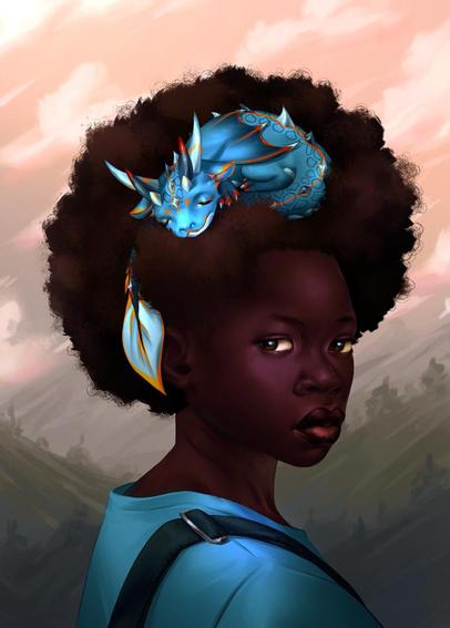 Semi-realistic digital portrait of a young Black girl with a fluffy fro, which a blue baby dragon is using as a nest for a nap. The sleeping dragonling is so cute it is physically painful.