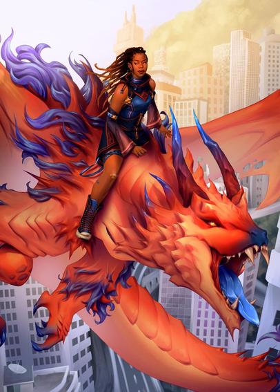 Black femme with ombre braids riding an extremely badass orange and blue dragon through the remnants of skyscrapers, wearing an outfit that someone is definitely going to cosplay the hell out of.