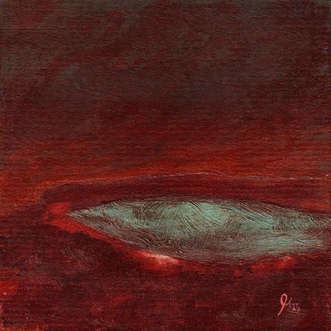 A painting of a cool pool or puddle in a hot dark red vague landscape.