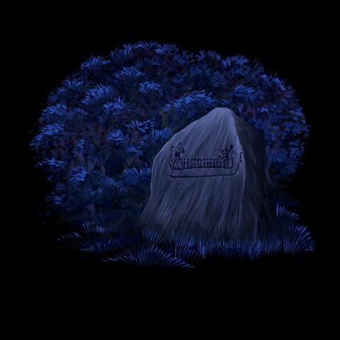 A large rock with a Bronze Age scandinavian sun ship petroglyph, on a black backdrop. Behind the rock, a purple bush or tree.