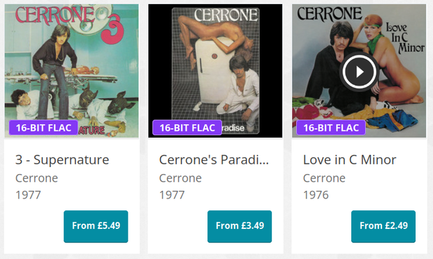 Screenshot of the online music store 7digital where Cerrone's first three albums are on sale for low prices