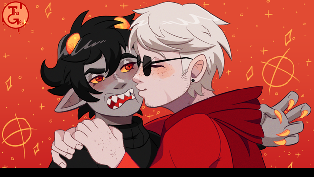 - Drawing Type:
Normal Style / Cell Shading / Icon

- [ 2 ] Character/s:
* Human / Male
* Troll (Alien) / Male

- Background:
Simple [Red with some yellow sparkles]

- Description:
Ship art between Karkat Vantas and Dave Strider from the webcomic "Homestuck". Karkat is the troll, an alien with grey skin and yellow horns. Dave is the human, and albino guy with freckles and wearing sunglasses
