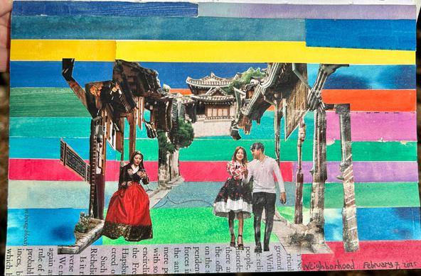 A scene from a street in Seoul has been cut from a magazine. A couple in modern clothing walk together at the right. A woman in a traditional dress is on the opposite side of the street. There is a temple in the background. Much of the background and most of the side buildings have been carefully cut away from the image. 

The “fussy cut” magazine image has been placed on top of a background constructed from strips of colorful paper. Greens, blues, red, pink, purple, orange, and yellow are all used to make up the background.