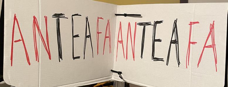 Foto von Pappschild mit „ANTEAFA“ in Großbuchstaben in Rot und Schwarz. TEA in Schwarz.