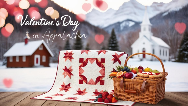 The image depicts a warm and romantic Appalachian-themed Valentine's Day scene:

Background: Snow-covered Appalachian mountains rise in the distance under a soft, diffused light. The sky is serene, with hints of warm tones.

White Church: A small, classic white church with a steeple is nestled among snowy pine trees. It evokes a sense of peace and community.

Cabin: To the left of the church, there is a rustic wooden cabin with a red door, lightly dusted with snow, adding to the cozy atmosphere.

Foreground:
A red-and-white wedding ring quilt pattern is laid out on a wooden surface, symbolizing warmth and tradition. The quilt has intricate, star-like designs in shades of red and white.
A woven picnic basket is placed next to the quilt, brimming with colorful fruits like apples, oranges, and grapes, along with a plate of heart-shaped pastries topped with jam.

Valentine’s Elements:
Soft, glowing heart-shaped lights overlay the image, floating gently throughout, adding a romantic touch.

The words “Valentine’s Day in Appalachia” are written in elegant white script across the top left, blending seamlessly into the dreamy atmosphere.

The overall mood is nostalgic, romantic, and inviting, capturing the essence of Appalachian charm on Valentine’s Day.