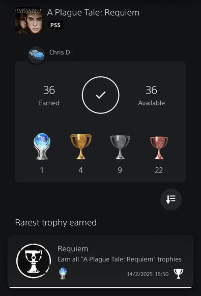 Screenshot of the PS app showing the platinum trophy for A Plague Take: Requiem