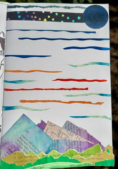 An abstract landscape of green hills and blue or purple mountains in the foreground. Above are thin lines of colored paper, blues, orange, and red, representing a sunset are above the mountains. Near the top is a solid line of dark blue paper that’s printed with shining stars. A large, blue circle sits at the right, representing the full moon.