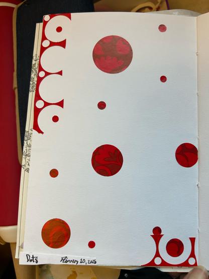A spare collage of red circles of varying sizes all punched from the same piece of red-on-red printed wrapping paper on white paper. At the upper left and lower right edges are pieces of red waste paper left after circles were punched from the paper.
