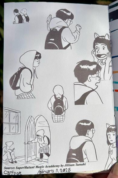 A collage made of BW comic images of a person with short dark hair, wearing a hoodie and checked skirt with black leggings and a second person with longer hair wearing cat ears and a t shirt. There’s also an alien reading and a pair of people seen from behind. 

The images were captured from Jillian Tamaki’s Super Mutant Magic Academy comic. They were put without any of the dialogue on a single sheet of paper and distributed as a classroom activity on how to write dialogue for comics. This activity was one in a long form class on reading, writing, and drawing comics that was taught by Sarah Shay Mirk in 2022 and offered through Portland Community College.