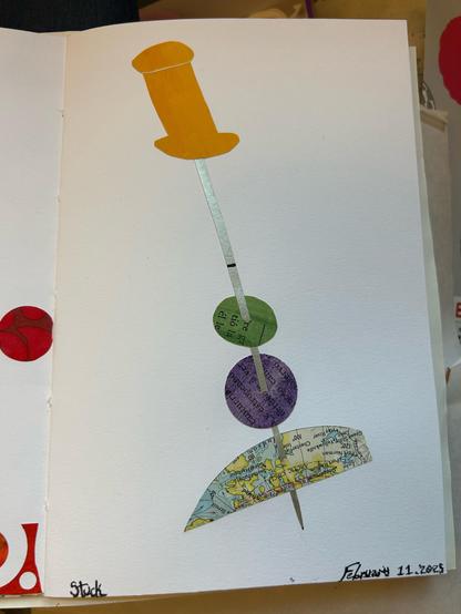 A silver skewer with a yellow handle has been stuck through a green oval, a purple circle, and a curved edge of a map. 

To the left red elements of another collage are seen.