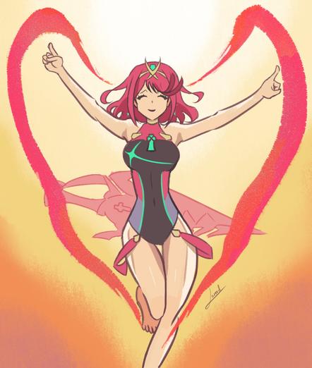 A very quick drawing of Pyra from Xenoblade Chronicles 2. She's in her swimsuit outfit putting together a heart shaped with fire. 

I put this together quickly!