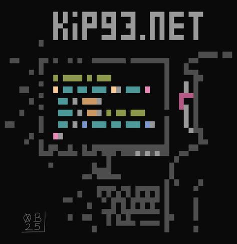 Low-res surrealistic ANSI art. It shows the back of a hooded figure looking at a computer monitor and keyboard. The monitor displays some generic looking code, and the user is wearing pink glasses. The computer looks to have “bits” missing, which can be seen flying off towards the left side. Above this all, the name of the website “kip93.net” can be seen in a simple pixelated font.