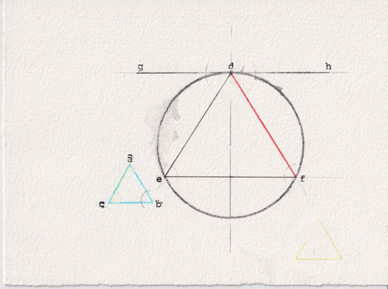 A rendering negotiated from book IV proposition 2 of Elements (1482 print-edition).

A circle resting beneath a horizontal tangent line.

Within the circle is a triangle, a third of which is red, and to either side of the circle are smaller (equiangular) triangles; one blue, one green. The blue triangle is labeled, a, b, & c. And the green triangle is from an outburst of ardor & should not have been made.