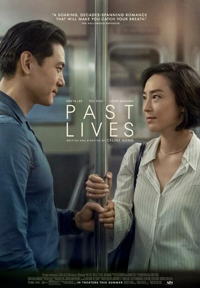the poster for past lives shows a man and a woman holding on to the same pole on a subway train and looking into each other's eyes