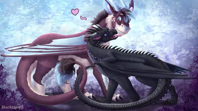 A digital painting of two anthropomorphic dragon-like creatures in an affectionate moment. One dragon is dark, almost black, with glowing purple eyes, spiky features, and small glowing white accents along its body. The other is a larger, furry dragon with a mix of purple, white, and blue fur, large curved horns, and expressive blue eyes. The dark dragon is playfully licking the larger dragon's snout, while the larger dragon smiles warmly. A small pink heart and a playful squiggle are floating above them, emphasizing their bond. The background is a soft, textured blue with floral patterns along the edges.