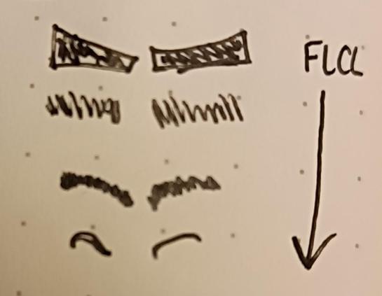 Four pairs of poorly drawn eyebrows are arranged from top to bottom in order of decreasing thickness. On the left side, there is an arrow drawn pointing down the page. At the tail of the arrow it reads "FLCL".