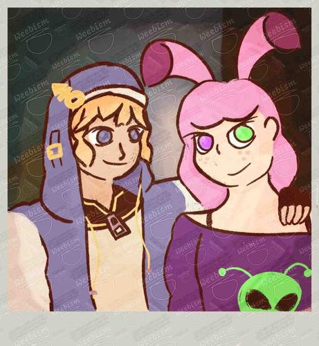 a square piece of artwork painted digitally with a stroke texture along the colors. my oc, an alien bunnygirl with green and pink eyes, is hanging out with Bridget from guilty gear. Bridget is wearing a blue and cream-colored nun outfit with an arm around my sona, who's wearing a shoulderless purple alien top. a polaroid border frames the two of them.