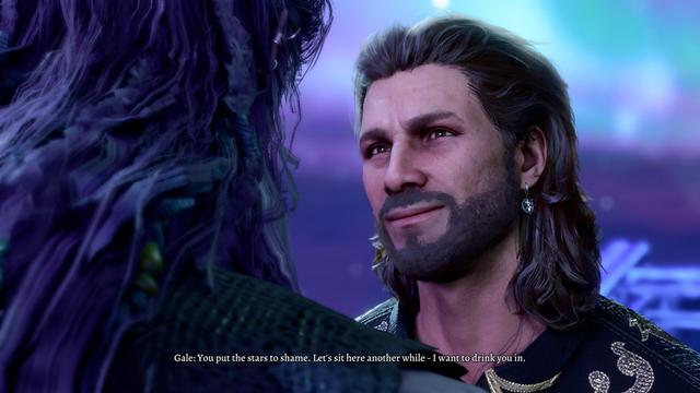 gale looking up lovingly at tav saying "You put the stars to shame. Let's sit here another while - I want to drink you in."