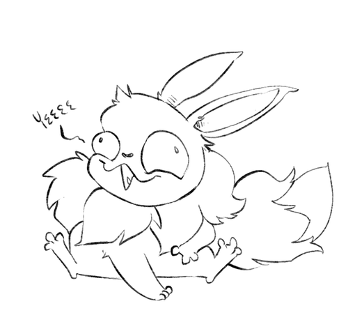 A silly Eevee, a fox/dog-like pokemon. It is looking vacantly into the air , legs all discombobulated as it says "yeeee..."