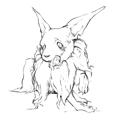 And a creepier Eevee, with scrunkly and matter fur, eyes drooping and jaws agape as if it is teetering on the edge of life and death.