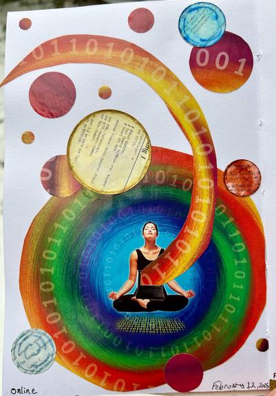 A bright collage with a thin, white person in a black leotard sits with their eyes closed, in a lotus position with a laptop.  Glowing binary is before them . They are surrounded by swirling, rainbow colored bands with binary glowing. A curving red and yellow band of binary is coming out from the laptop screen and up to the left. There are circles punched from the same paper as the rainbow binary image as well as circles punched from codes examples that have ink added.