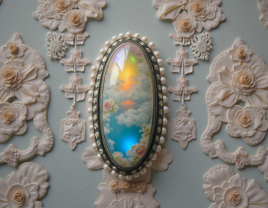 An imaginary polished opal with a vivid, dreamy, clouds and sunset scene in the mineral, with floral accents; set against a light grey-blue background with rococo-style pale pink fabric-like decorations.