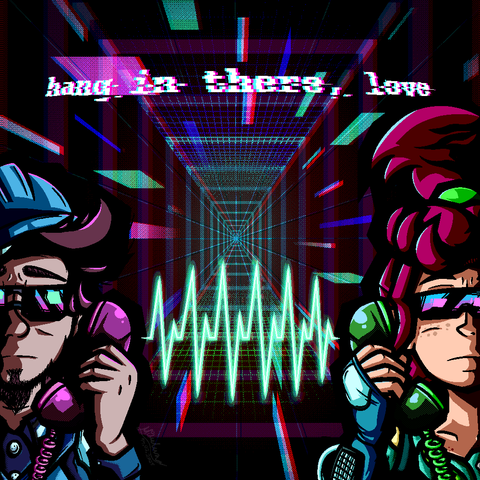 Artwork of my OCs: Crane and Leva talking on phones together. The Art piece is based on an album cover for "Hey Hey Guy" by Ken Laszlo. Crane is dressed in a blue uniform with a hardhat, shirt and overalls, while Leva has her hair tied up, is wearing her programmer's glove, as well as an apron and a loose shirt. Both of them are wearing shades and standing in a digital void-type place with lots of little squares flying around. There's a green line connecting them that resembles a heartbeat. There's a text above them that says "Hang in there, love""