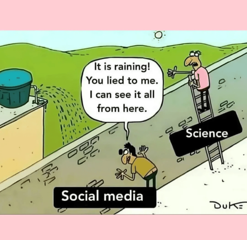 Cartoon where someone labelled "social media" is looking through a hole in the wall seeing drops fall down, saying "You've been lying to me, I can clearly see it's raining" and someone else labelled "science" standing on a ladder looking over the wall, clearly seeing bright sunshine and a broken water hose above the hole in the wall