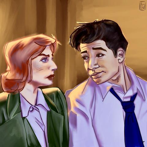Scully on the left and Mulder on the right (characters from the X-Files) sitting next to each other on a couch. Scully, a pale redhead in a 90s suit in forest green, looks a bit stiff and annoyed. Mulder nudges her with a shoulder and gives her a raised eyebrow and some puppy eyes from beneath his messy dark brown hair. His white dress collar is unbuttoned and his dark blue tie has been loosened.