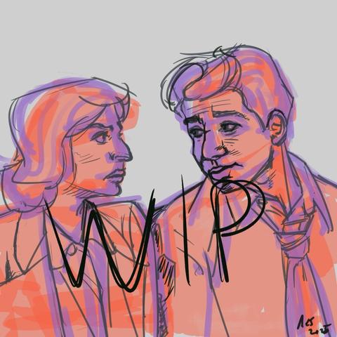 A rough sketch showing the technique of blocking from reference using large blocky shapes, then modifying the shapes on a second layer to suit your changes and exaggerations, then a “pencil sketch” on top of the second layer of blocking in.