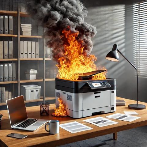 Auf einem Büroschreibtisch steht ein brennender Laserdrucker. Im Hintergrund sind Regale zu sehen, in denen Aktenordner stehen.