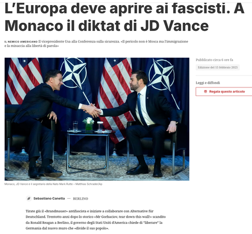 L’Europa deve aprire ai fascisti. A Monaco il diktat di JD Vance

Il nemico americano Il vicepresidente Usa alla Conferenza sulla sicurezza. «Il pericolo non è Mosca ma l’immigrazione e la minaccia alla libertà di parola» 
Sebastiano Canetta
BERLINO

Tirate giù il «Brandmauer» antifascista e iniziate a collaborare con Alternative für Deutschland. Trentotto anni dopo lo storico «Mr Gorbaciov, tear down this wall!» scandito da Ronald Reagan a Berlino, il governo degli Stati Uniti d’America chiede di “liberare” la Germania dal nuovo muro che «divide il suo popolo».