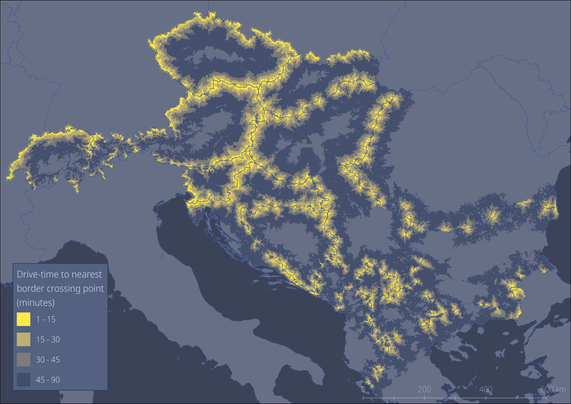 A map indicating drive-time accessibility to border crossing points in Souther Europe, especially in the Balkans and eastern Alpine region. Czechia, Austria, Slovakia, Slovenia, Croatia and Hungary have rather good accessibility, but countries like Kosovo, Bosnia and Herzegovina, Montenegro, Albania, Greece, Romania and Bulgaria have lesser accessibility due to mountainous border regions. The legend has four classes: 1–15 minutes, 15–30 minutes, 30–45 minutes, and finally 45–90 minutes.