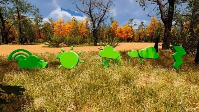 Grüne Wolken auf einer braunen Wiese mit bunten Bäumen im Hintergrund