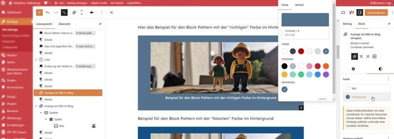 Block Pattern und Farbpalette: Darstellung im Backend
