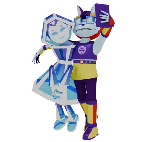 A full-body hologram design for VAL from Earthspark posed alongside a mobian/Sonic OC. VAL mostly resembles her original design, with white lines and blue to dark blue gradients in between. She is smiling at the camera, or perhaps at her friend. The mobian, Voxel, is a husky with white and dark purple fur. Her eyes are blue. She wears a cropped purple shirt with the Terran insignia proud and center on the front.