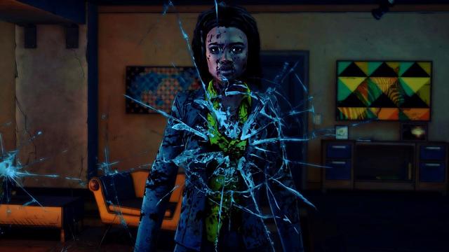 Michonne stares vacantly at a bullet-hole in the window of her apartment as the world breaks into chaos.