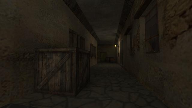 In this picture you can see a dark alley because it has a roof. A single illuminated lamp attached to a wall brings some light. There is also a wooden box and two barrels in the alley. Furthermore, windows and entrance doors can be seen on the left and right of the walls. This is on the map de_torn in the game Counter-Strike 1.6.