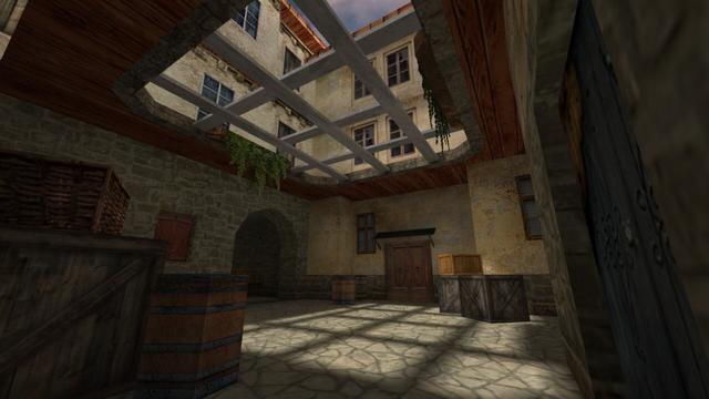 In this picture you can see another courtyard. This can be accessed through two entrances. Here, too, there are boxes and barrels standing around. It is somewhat covered, which is held together in the middle with white wooden boards. This is on the map de_torn in the game Counter-Strike 1.6.
