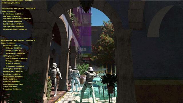🕶️ An example of rendering featuring Stormtrooper (from the Star Wars saga) standing on a patio with outdoor chairs and tables, giving the scene an anachronistic look. On the left-hand side of the screen are displayed a series of information (yellow text superimposed on the image) on the simulation parameters.

📚️ The Forge is a libre (with commercial modules), multi-platform rendering framework that provides a rendering layer and building blocks to quickly write a custom game engine. It includes a math library, an animation system (with skinning and optimized/vectorized math), asynchronous resource loading, a system for consistent memory management on the GPU and CPU, a cross-platform audio system, a cross-platform abstract input system, a UI system with dedicated unit testing, and high-end graphics effects.