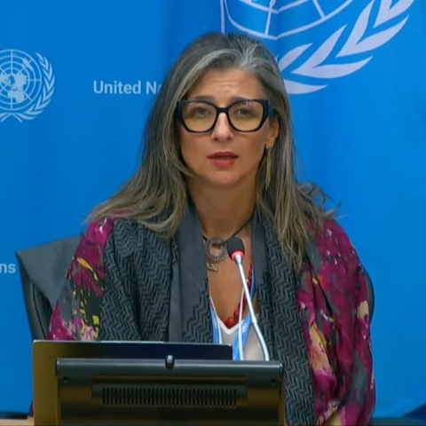 A picture of United Nations Special Rapporteur on the Occupied Palestinian Territories standing in from of the United Nations blue on white logo.