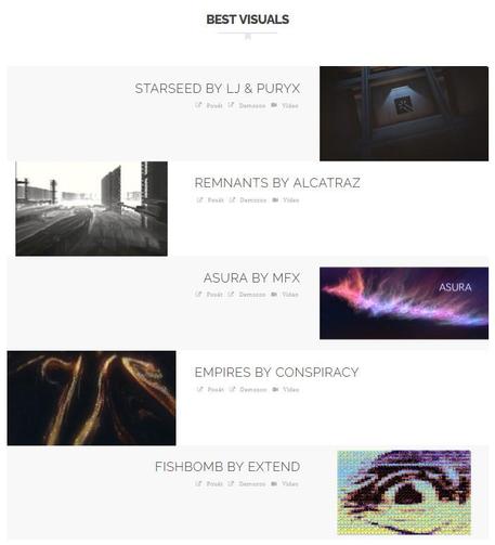 Best Visuals
    Starseed by LJ & Puryx
    Remnants by Alcatraz
    Asura by mfx
    Empires by Conspiracy
    Fishbomb by Extend