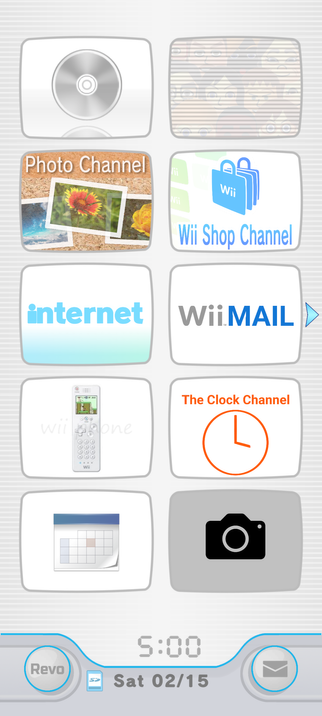 screenshot of my phone open to revo launcher, a wii like interface with channels for all my apps. mii channel goes to contacte, photo channel for gallery, wii shop for obtanium, internet channel for firefox, wii mail for thunderbird, the wii phone meme for dialer, The Clock Channel for the clock, a calendar for the calendar, camera for the camera